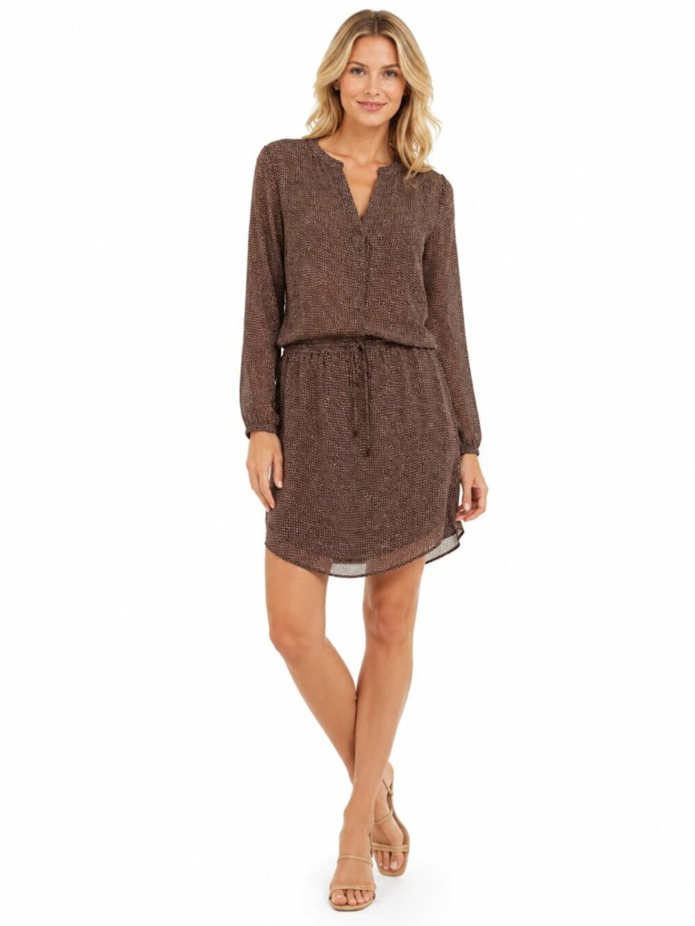 Vince Brown Geometric Print Silk Long Sleeve Dress Size 12